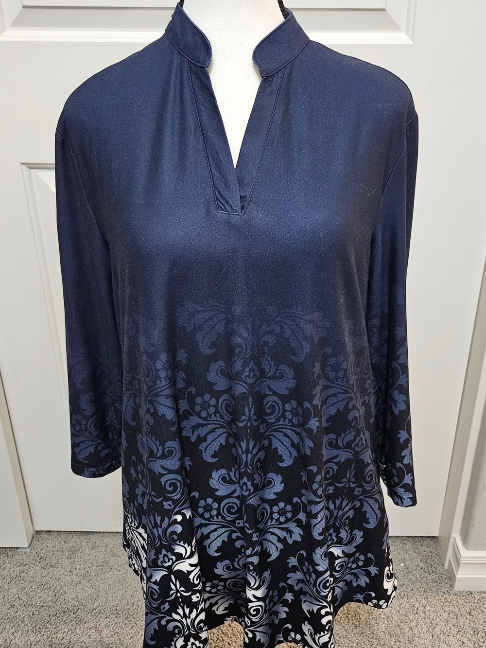 Women's Navy V-Neck Patterned Tunic with Stand Collar